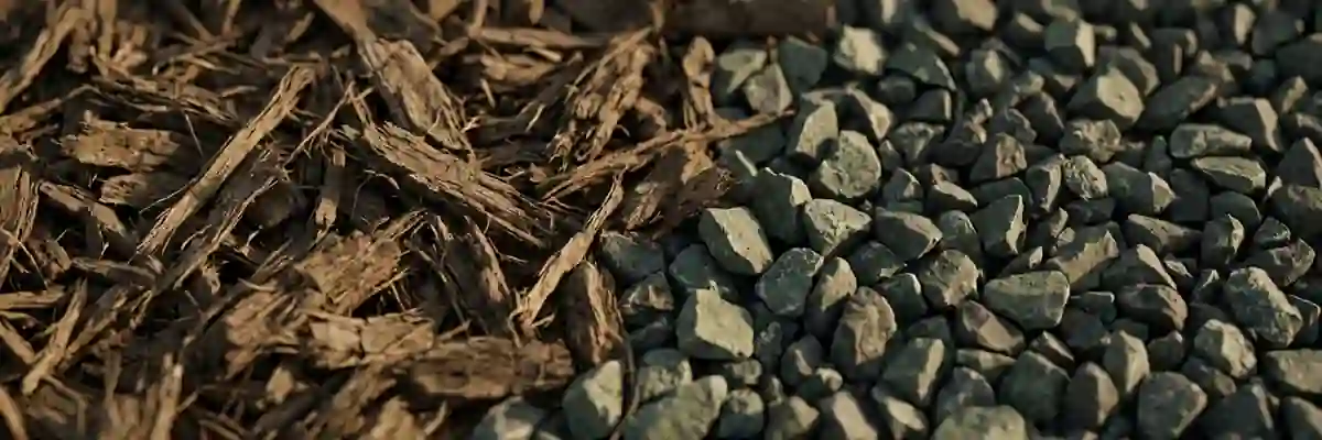 An illustration of bark mulch meeting light basalt gravel in close-up, dry and at rest.