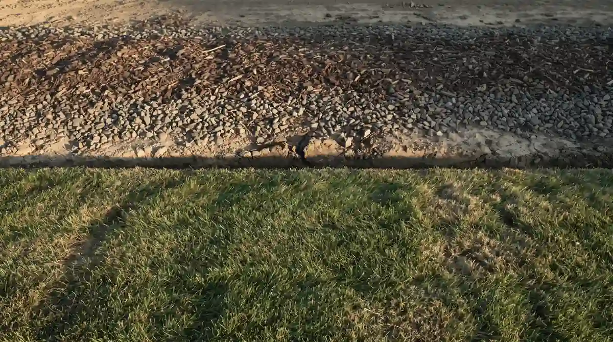 An illustration of mown grass in the lower part of the frame, meeting a dressed bed of bark mulch and light gravel above it along one clean straight edge, in low early-morning light.