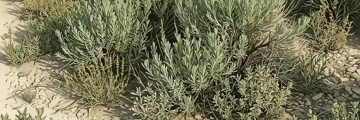 An illustration of sagebrush and dry ground cover in close-up, silver-green foliage over pale soil, no horizon.