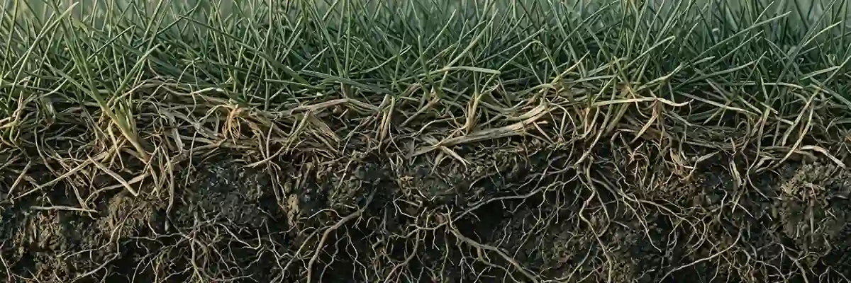 An illustration of lawn turf seen in cross-section: green blades above a layer of thatch, with root mass and dark soil below.